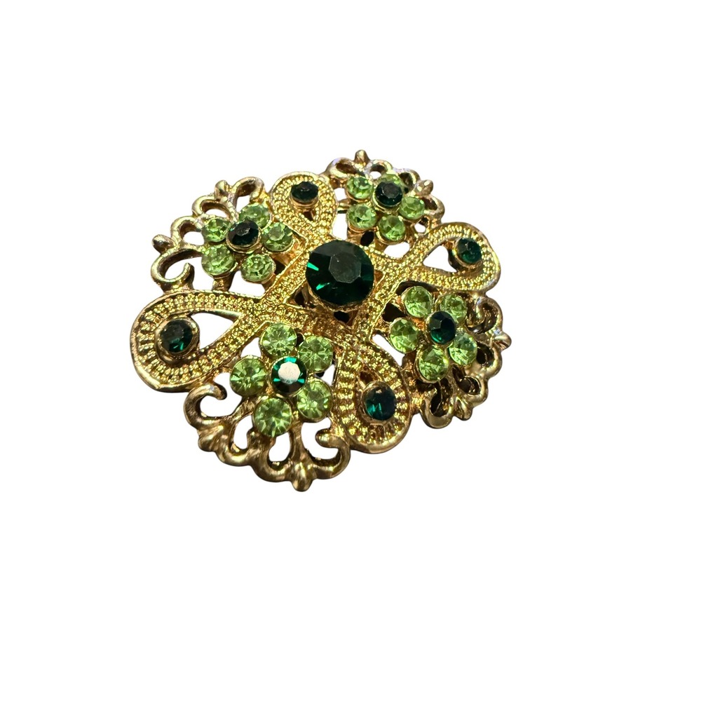 Vintage vibes Brooch Pin Gold Tone Green Rhinestone Filigree Floral Costume